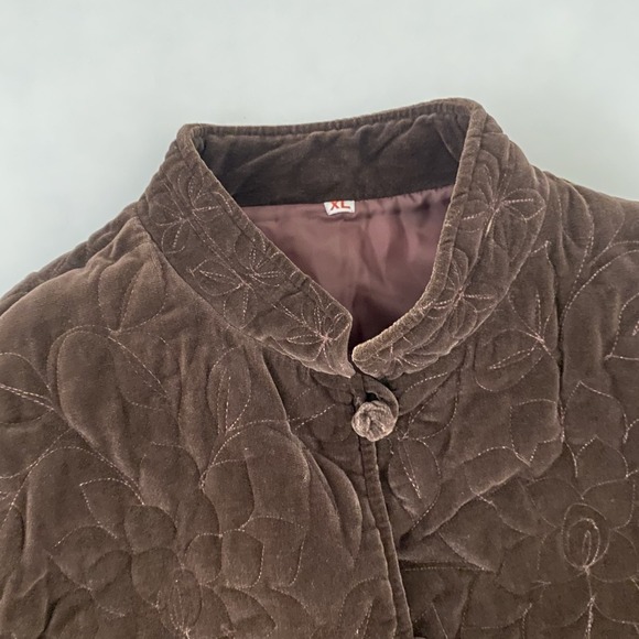 VTG Quilted Womens Quilted Velvet Jacket XL Chocolate Brown Lined Embroidered - Picture 4 of 12